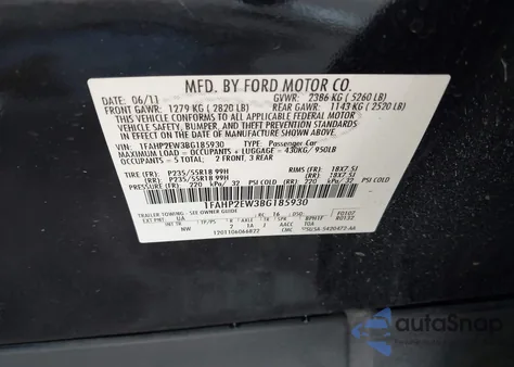 2011 Ford Taurus Sel из США, поврежденный, VIN 1FAHP2EW3BG185930